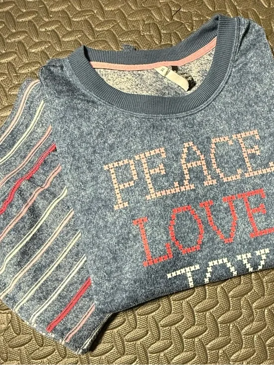 Women’s Peace Love Joy Pajama Set With Wide Leg Pants Blue & Stripes XL - Picture 3 of 10